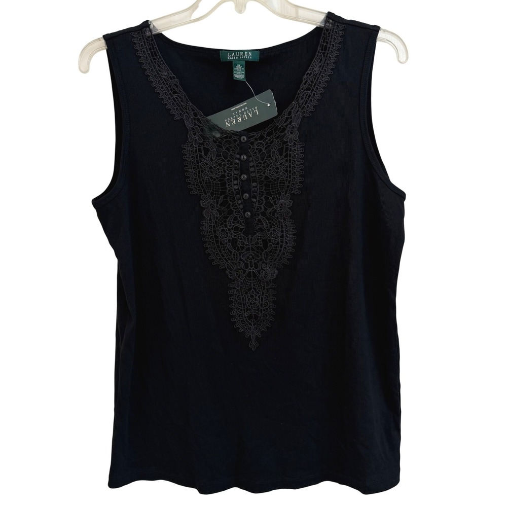 Lauren Ralph Lauren Black Lace Trim Beaded Boho Ribbed  V Neck Tank Top 2X NEW
